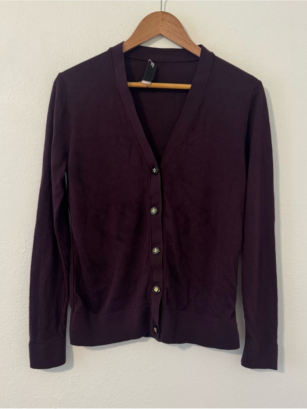 Tory Burch Simone Cardigan Plum Purple Wool Silk Blend Gold Logo Buttons M